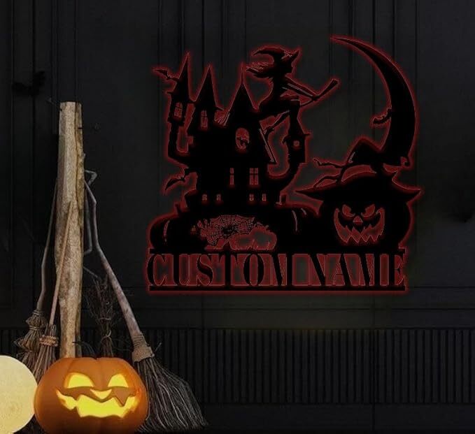 Spooky Halloween Metal Sign with Witch, Black Cat, and Pumpkin Art