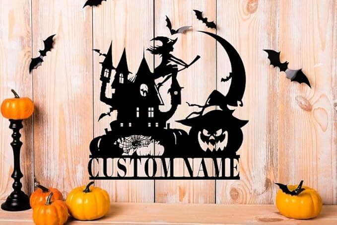 Spooky Halloween Metal Sign with Witch, Black Cat, and Pumpkin Art