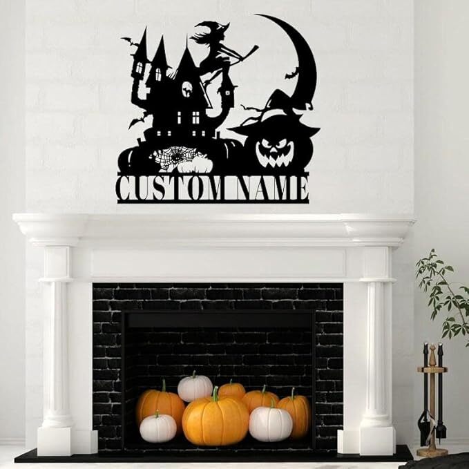 Spooky Halloween Metal Sign with Witch, Black Cat, and Pumpkin Art - Personalize Wall Art