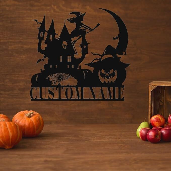 Spooky Halloween Metal Sign with Witch, Black Cat, and Pumpkin Art