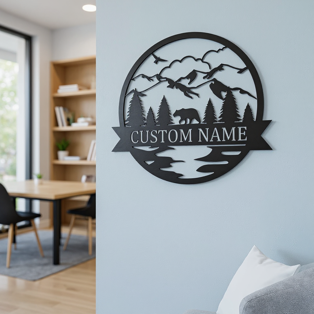 Custom Bear Family Monogram Metal Name Sign Art