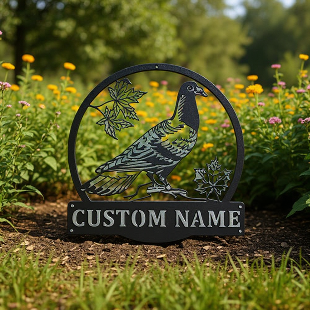 Elegant Pigeon Silhouette Metal Sign - Personalized Family Bird Lover Gift