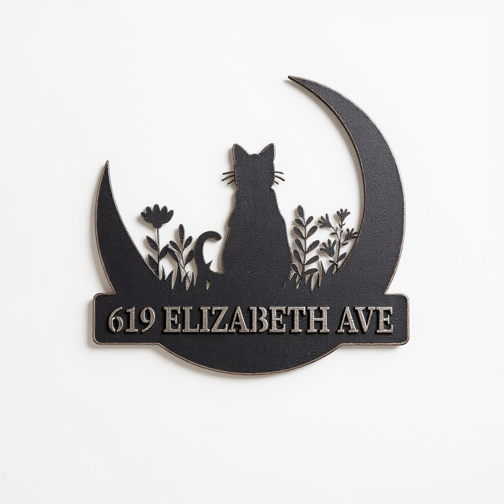Whimsical Cat On Moon Metal Address Sign with House Numbers - Personalize Wall Art