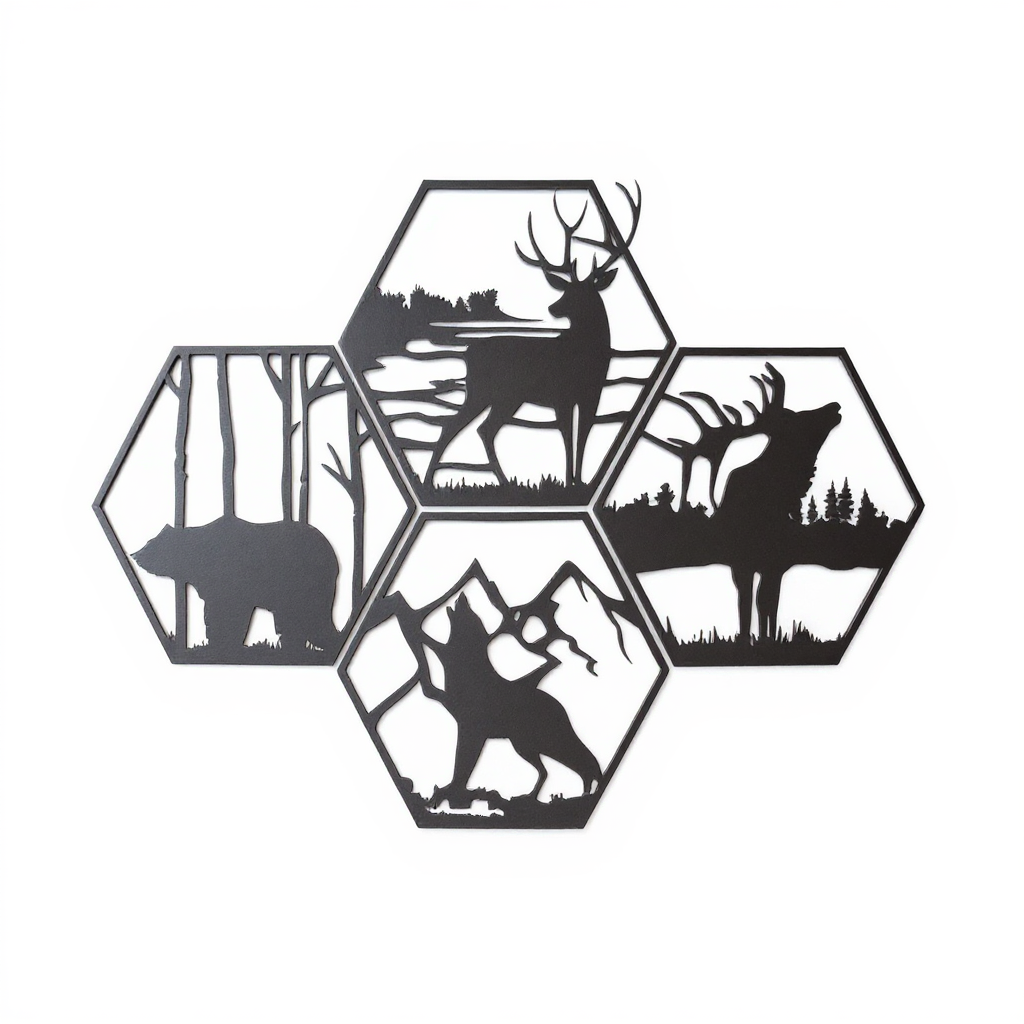Majestic Wildlife Art Metal Sign - Set of Four Hexagons - Personalize Wall Art