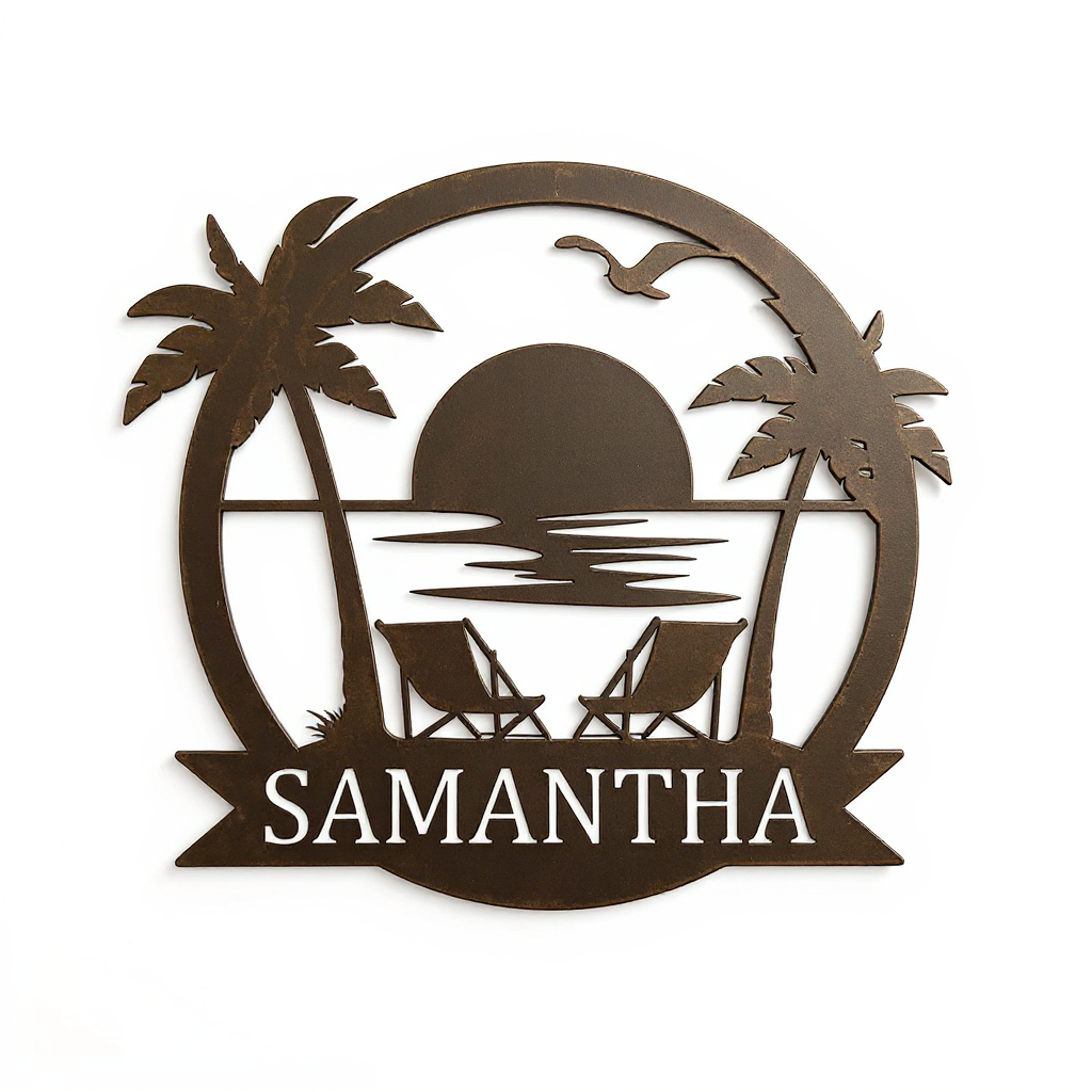 Tropical Sunset Beach Metal Sign - Personalized Palm Tree Art - Personalize Wall Art