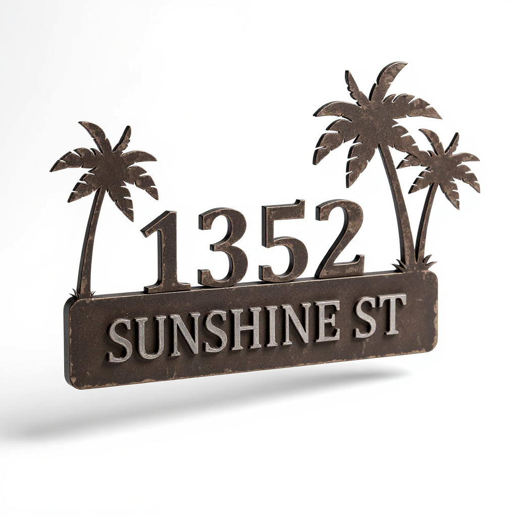 Palm Tree Coastal Metal Sign - Personalized Home Address - Personalize Wall Art