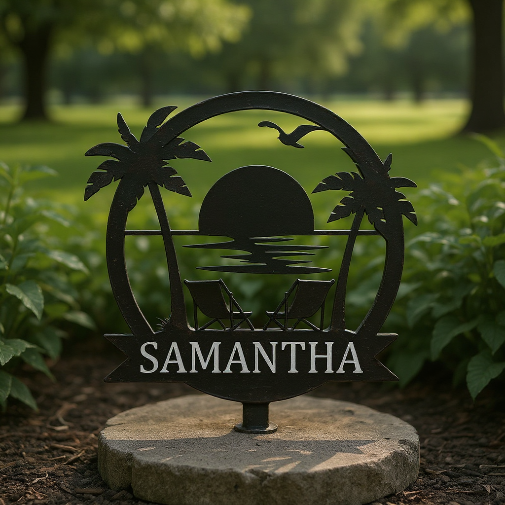 Tropical Sunset Beach Metal Sign - Personalized Palm Tree Art