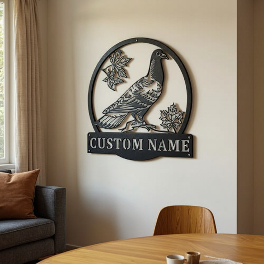 Elegant Pigeon Silhouette Metal Sign - Personalized Family Bird Lover Gift