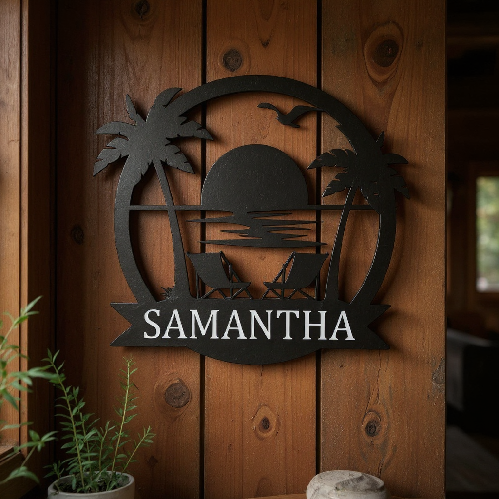 Tropical Sunset Beach Metal Sign - Personalized Palm Tree Art