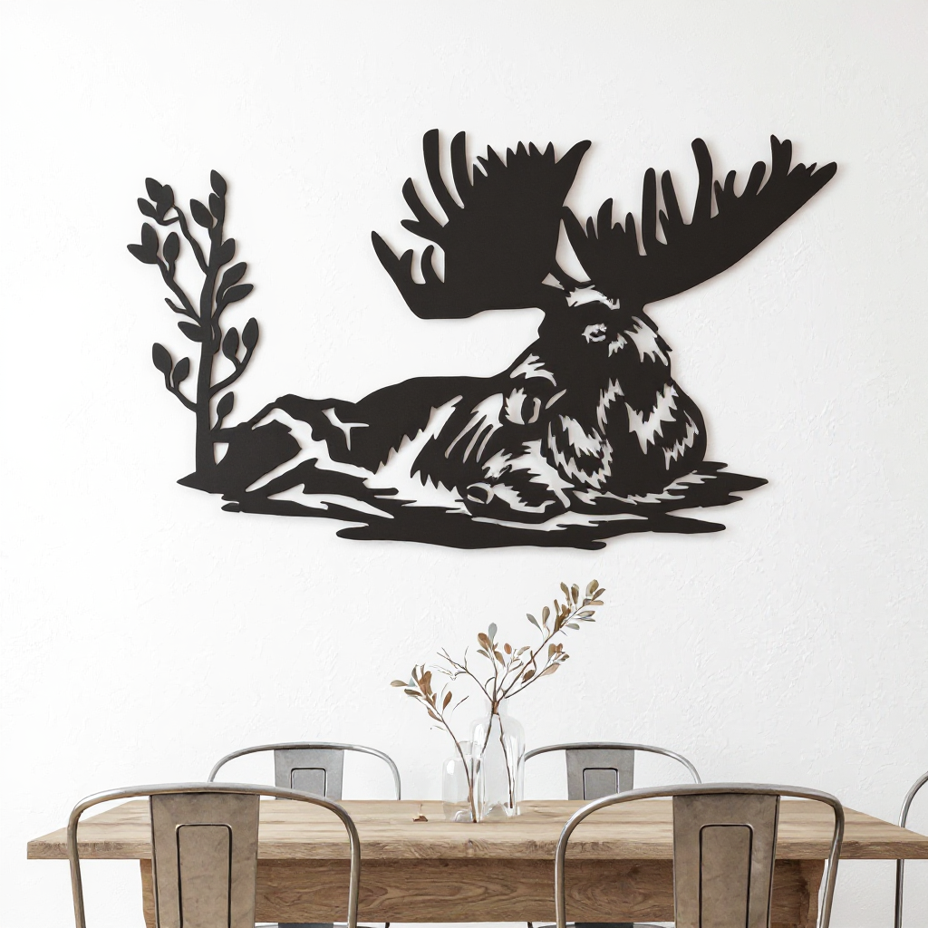 Rustic Cabin Serenity - Laying Moose Metal Wall Sign - Personalize Wall Art