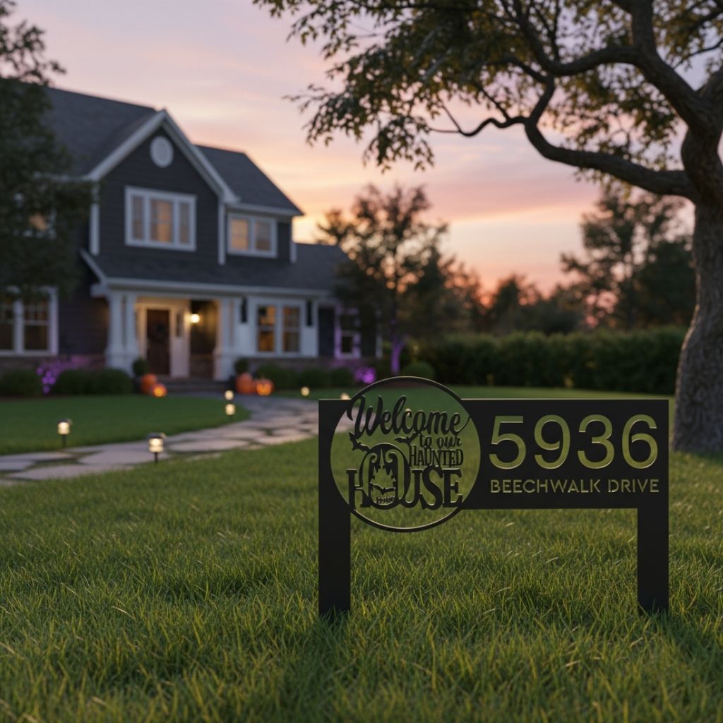 Spooky Personalized Metal Address Sign for Haunted Gardens