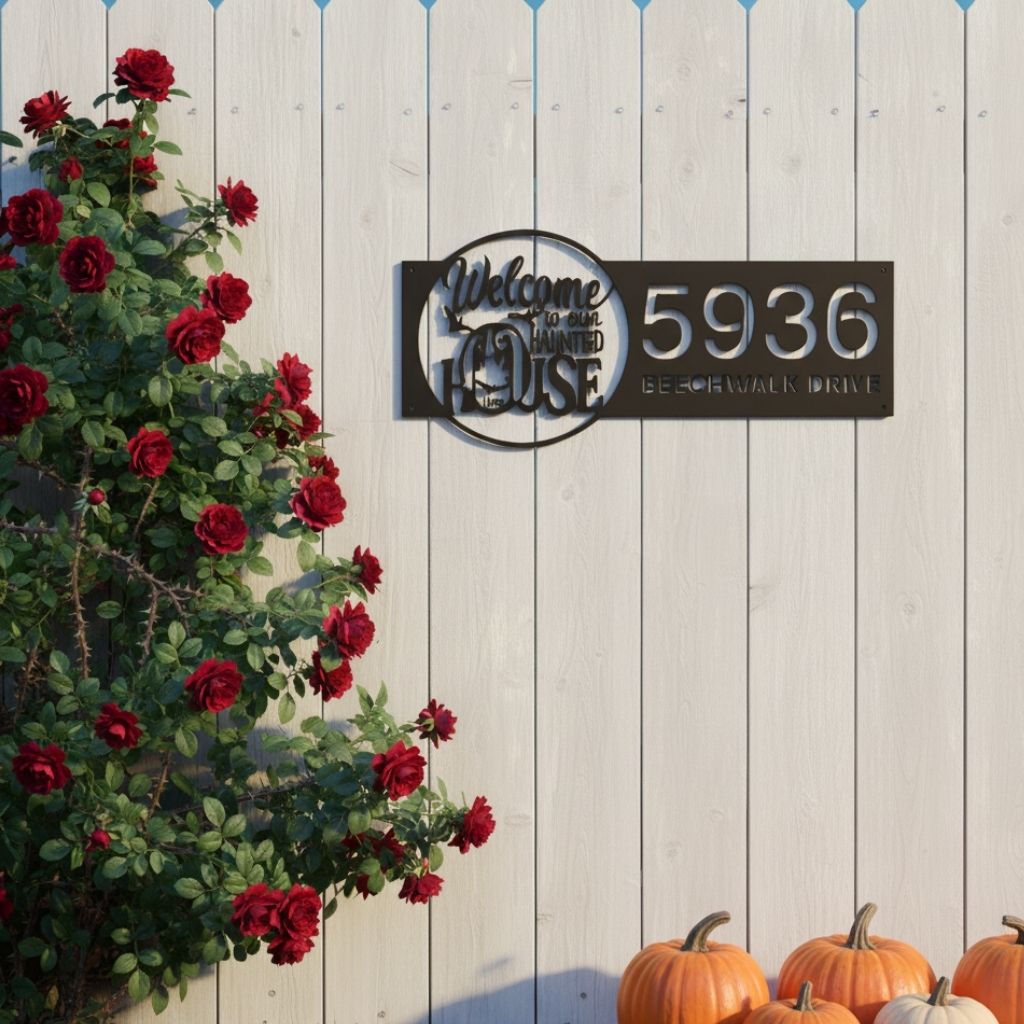 Spooky Personalized Metal Address Sign for Haunted Gardens