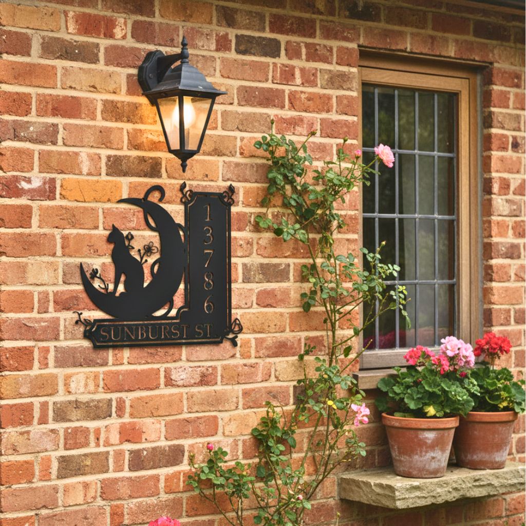 Spooky Black Cat Address Plaque - Personalized LED Metal Sign - Personalize Wall Art