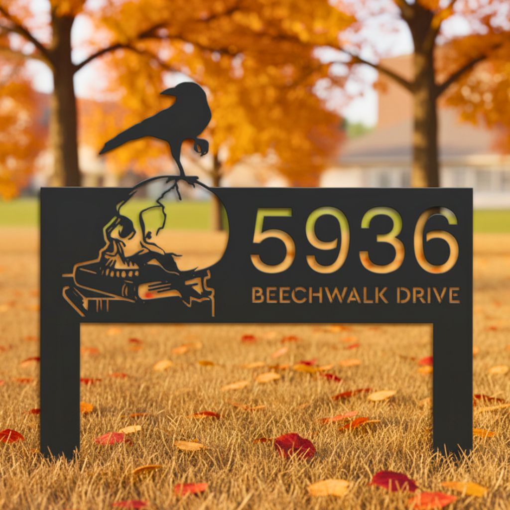 Custom Halloween Metal Sign - Raven Skull Address Plaque