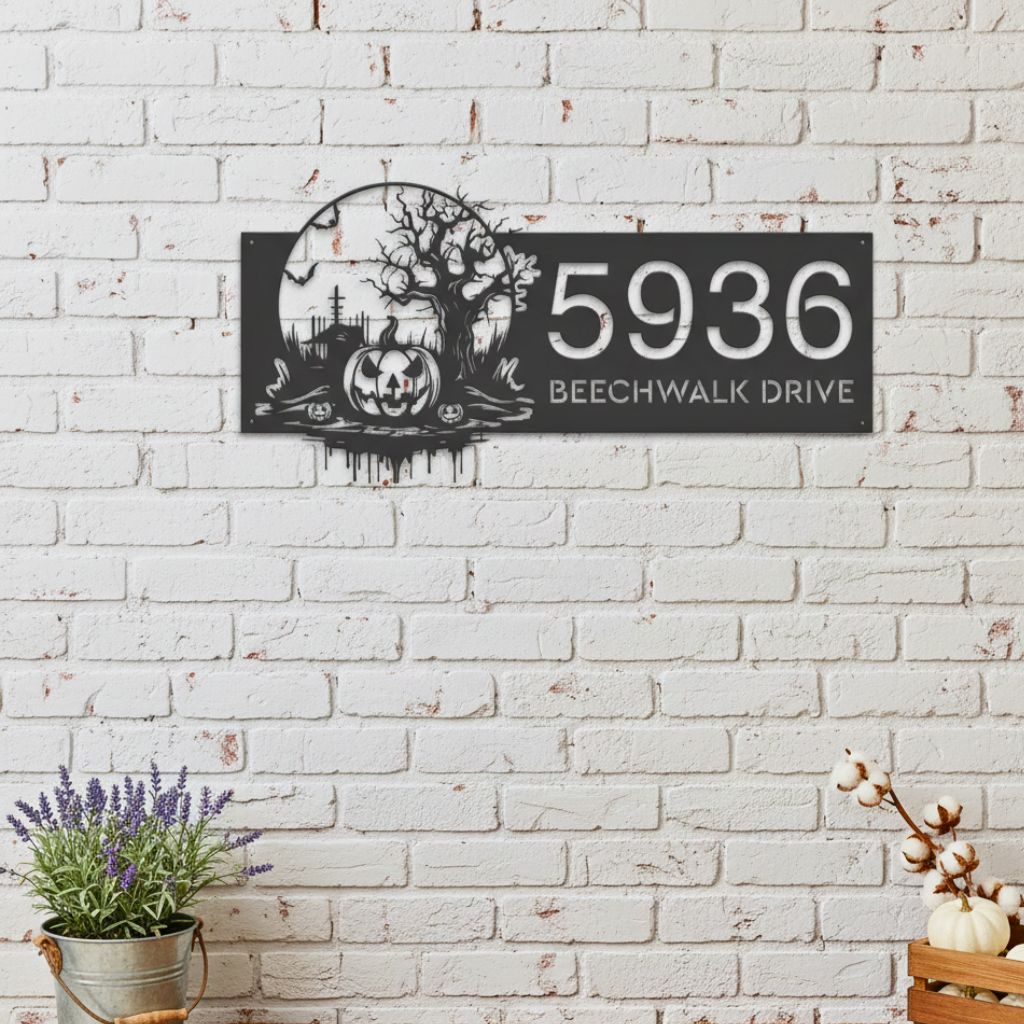 Haunted Scene Metal Sign - Custom Halloween Address for Outdoor - Personalize Wall Art