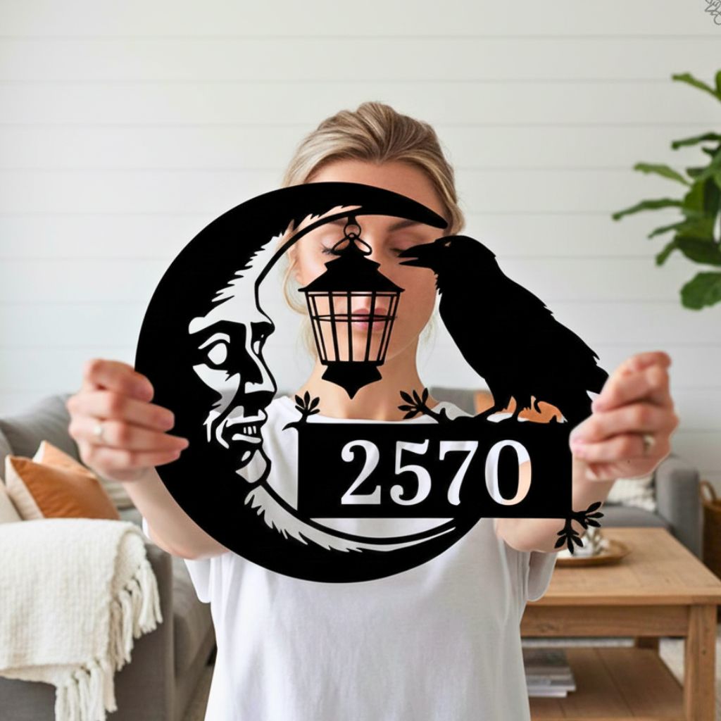 Eerie Raven Moon Metal Sign - Personalized Halloween Address
