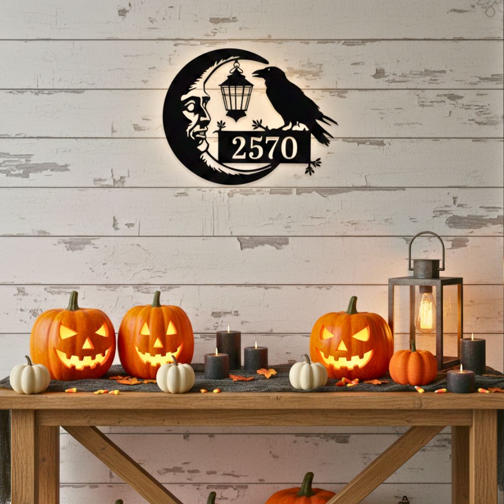 Eerie Raven Moon Metal Sign - Personalized Halloween Address