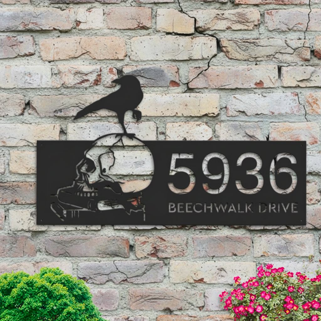 Custom Halloween Metal Sign - Raven Skull Address Plaque