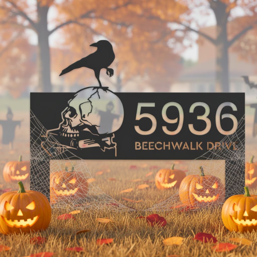 Custom Halloween Metal Sign - Raven Skull Address Plaque