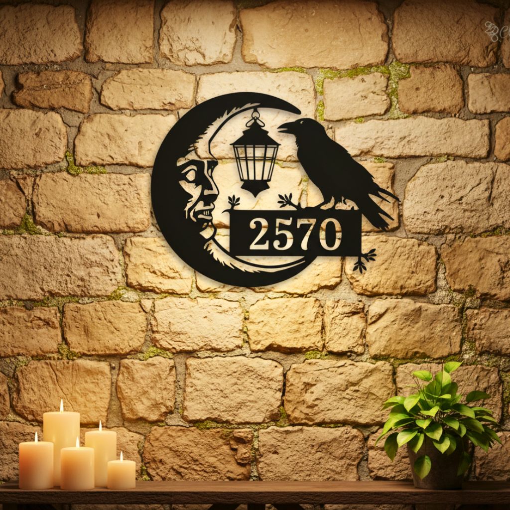 Eerie Raven Moon Metal Sign - Personalized Halloween Address