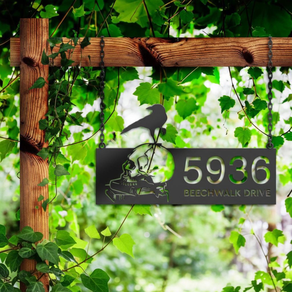 Custom Halloween Metal Sign - Raven Skull Address Plaque
