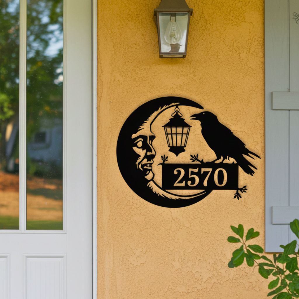 Eerie Raven Moon Metal Sign - Personalized Halloween Address - Personalize Wall Art