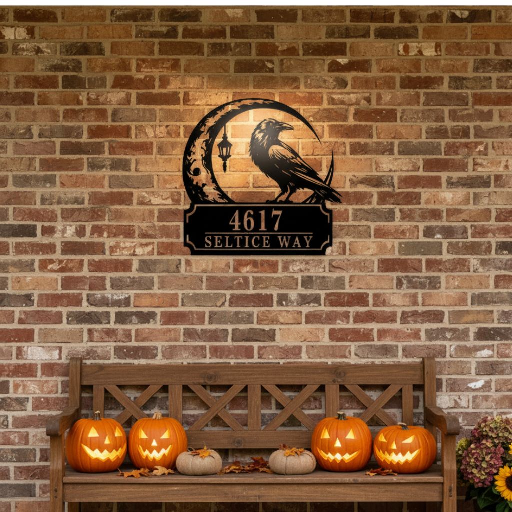 Night-Glow Raven House Number Metal Sign - Spooky Gothic Decor