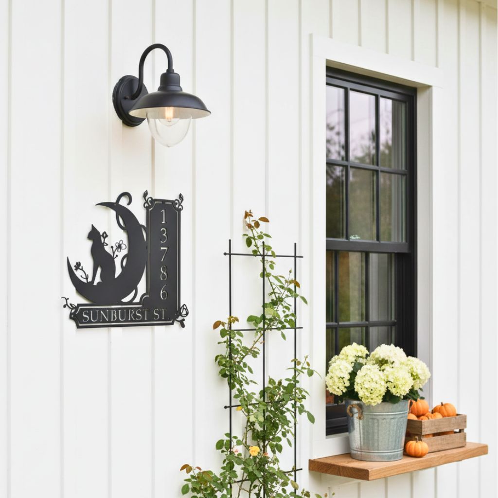 Spooky Black Cat Address Plaque - Personalized LED Metal Sign