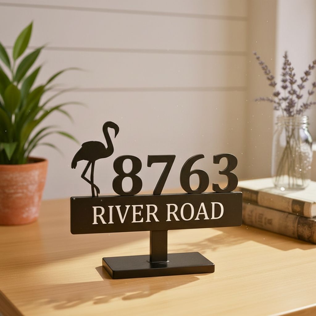 Whimsical Flamingo Address Plaque - Custom Metal House Sign