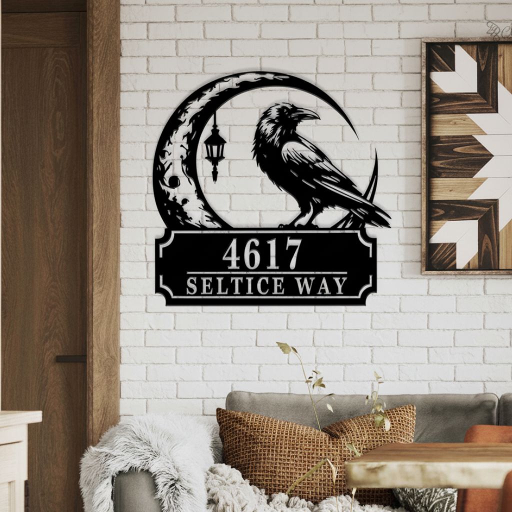 Night-Glow Raven House Number Metal Sign - Spooky Gothic Decor - Personalize Wall Art