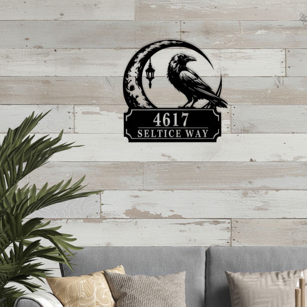 Night-Glow Raven House Number Metal Sign - Spooky Gothic Decor