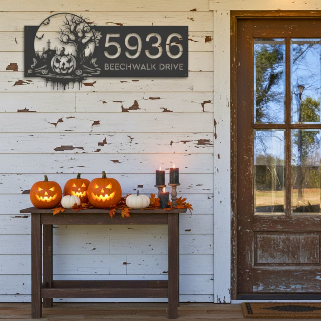 Haunted Scene Metal Sign - Custom Halloween Address for Outdoor