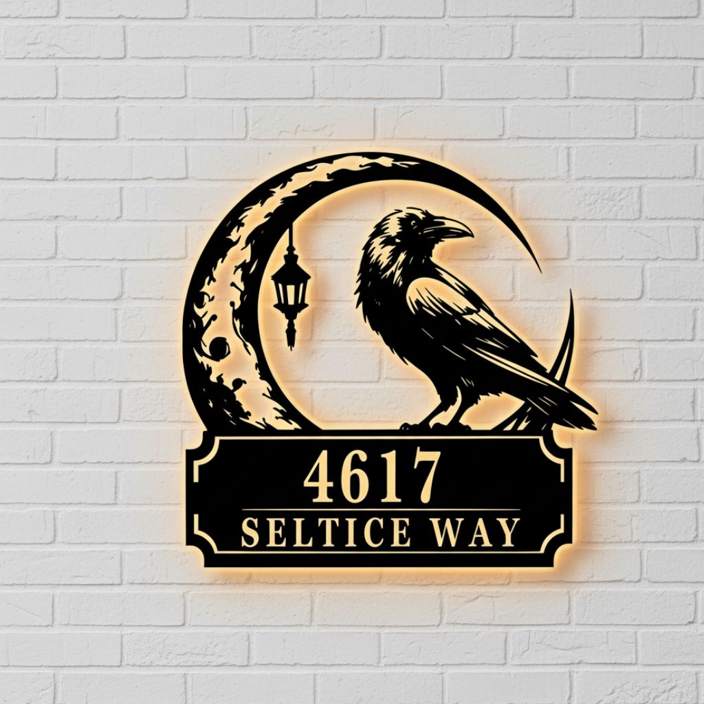 Night-Glow Raven House Number Metal Sign - Spooky Gothic Decor