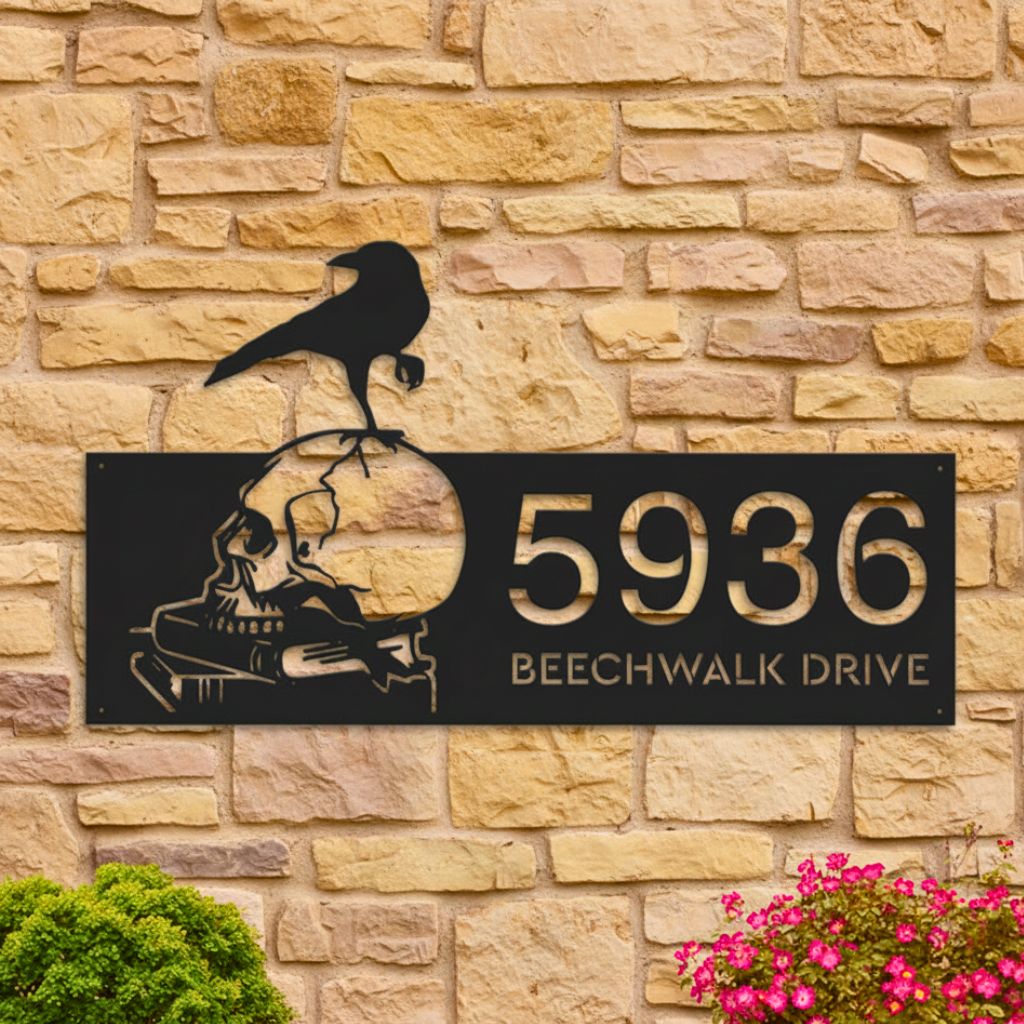 Custom Halloween Metal Sign - Raven Skull Address Plaque - Personalize Wall Art
