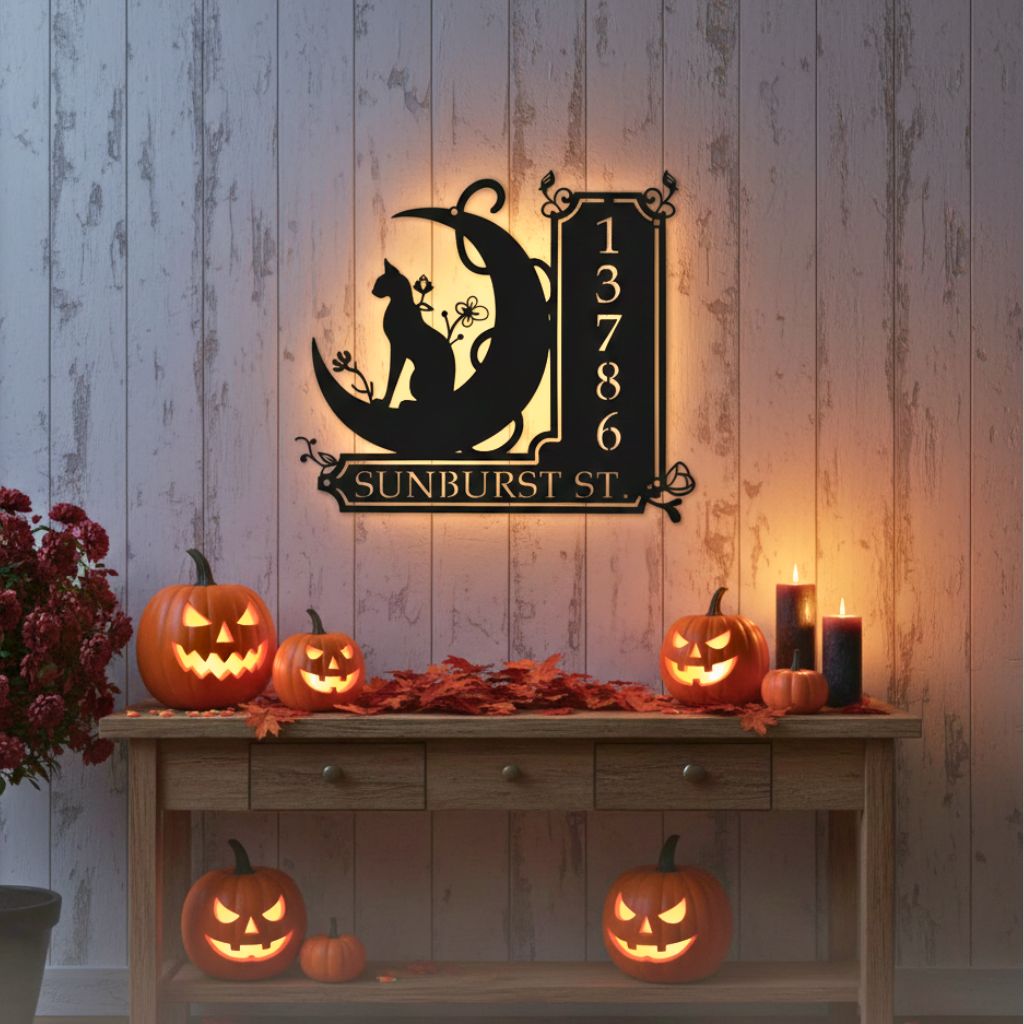 Spooky Black Cat Address Plaque - Personalized LED Metal Sign