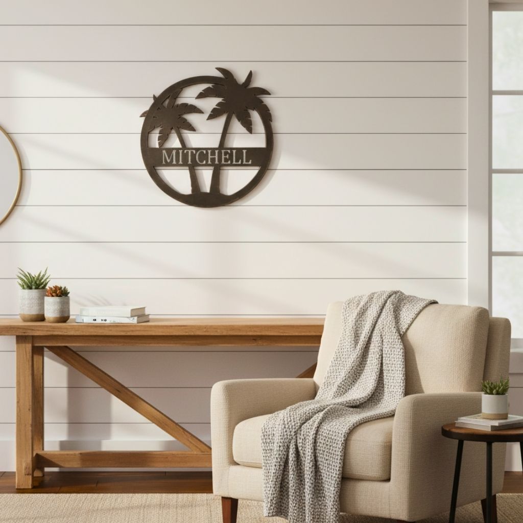 Island Paradise Metal Sign with Personalized Palm Tree Monogram