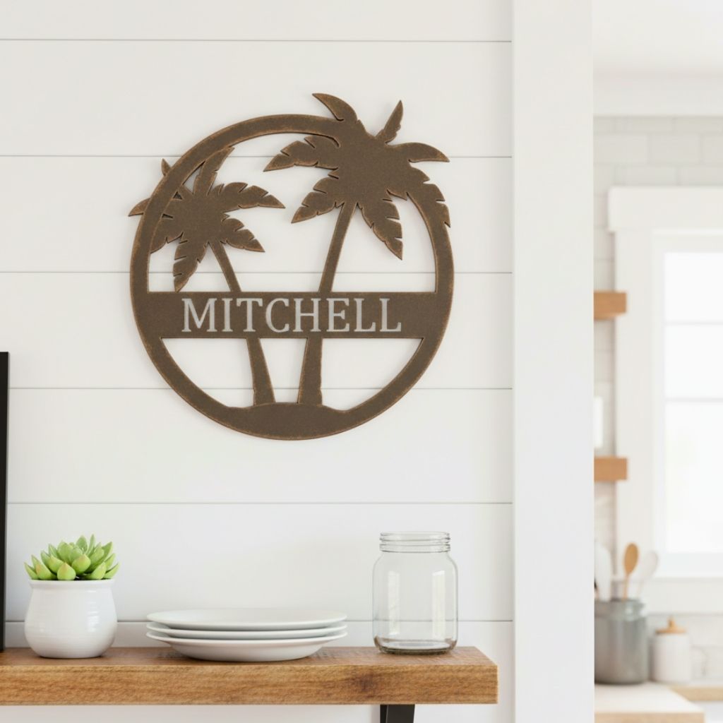 Island Paradise Metal Sign with Personalized Palm Tree Monogram - Personalize Wall Art
