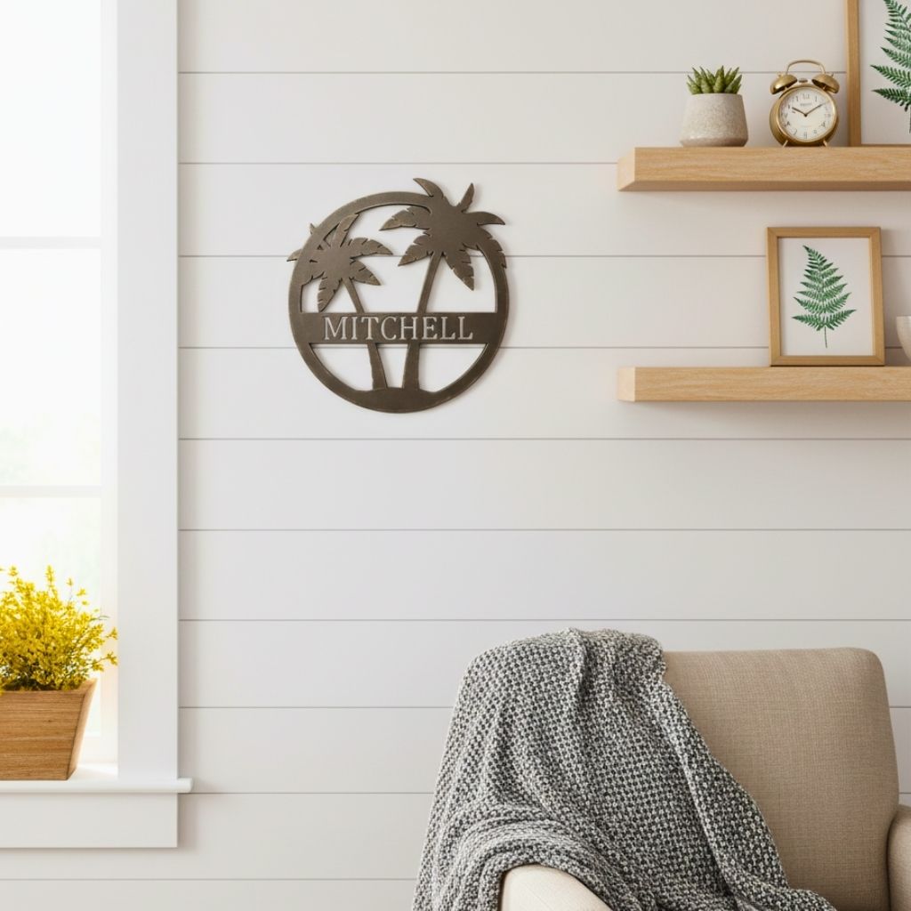 Island Paradise Metal Sign with Personalized Palm Tree Monogram