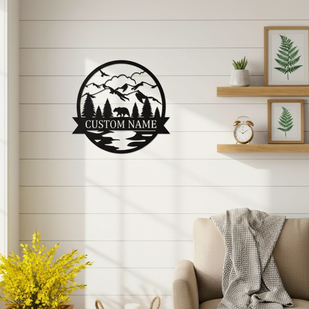 Custom Bear Family Monogram Metal Name Sign Art