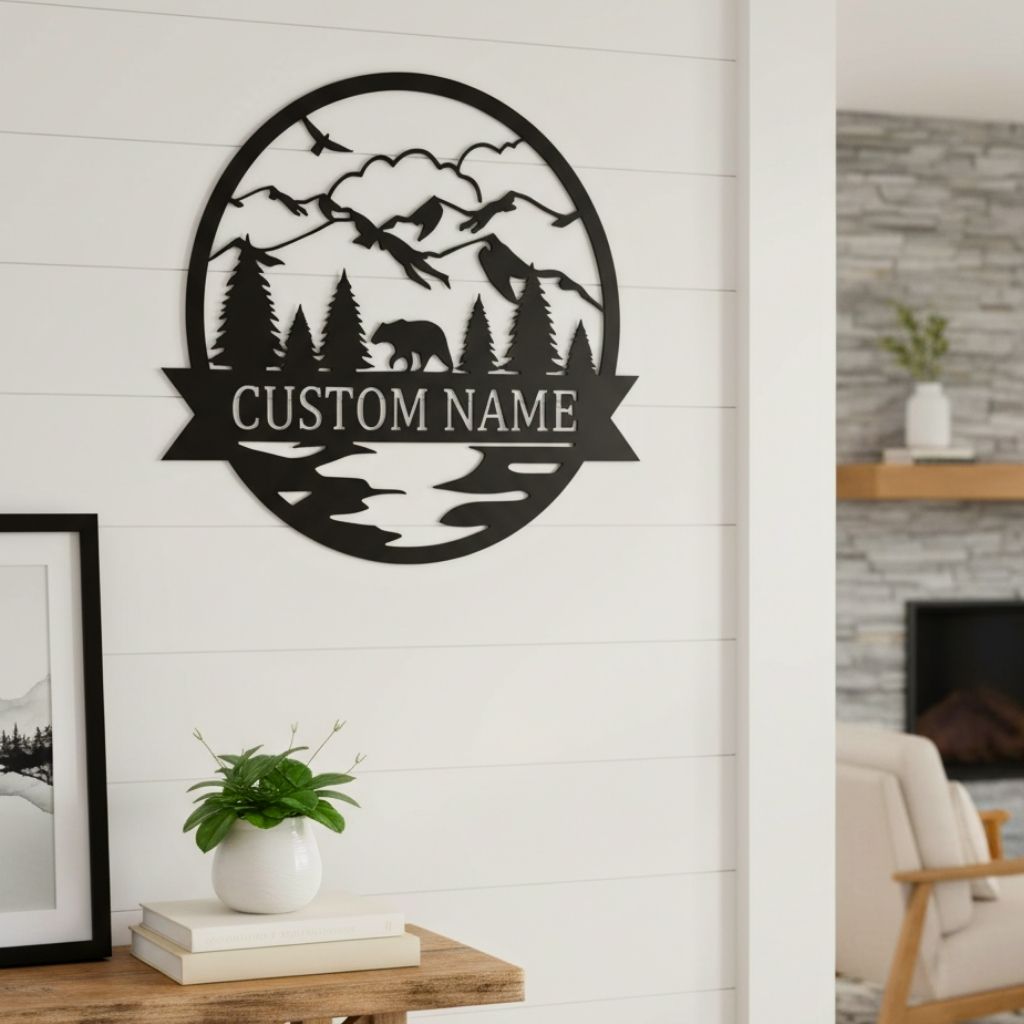 Custom Bear Family Monogram Metal Name Sign Art