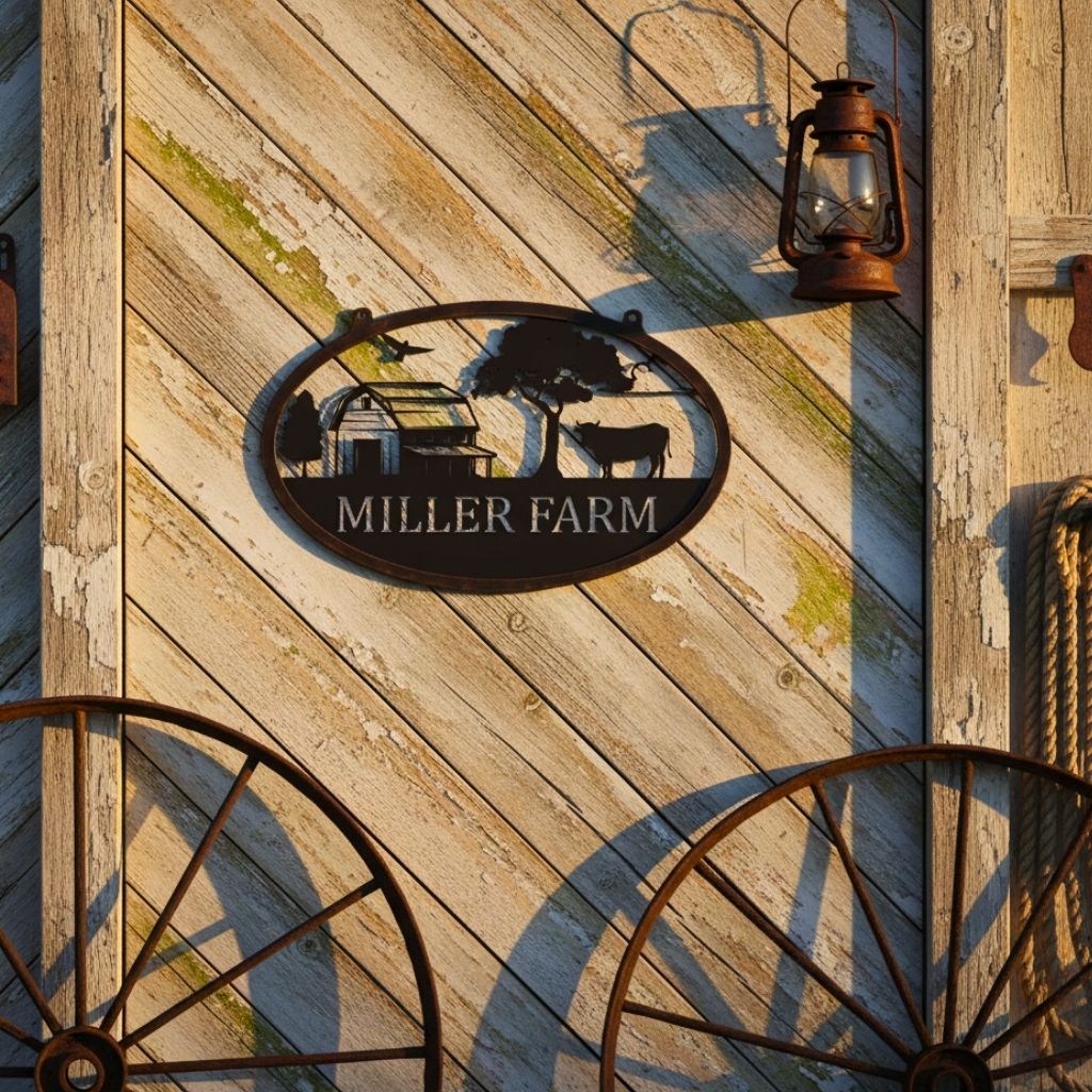 Family Farm Cow Monogram Metal Sign - Custom Name Art