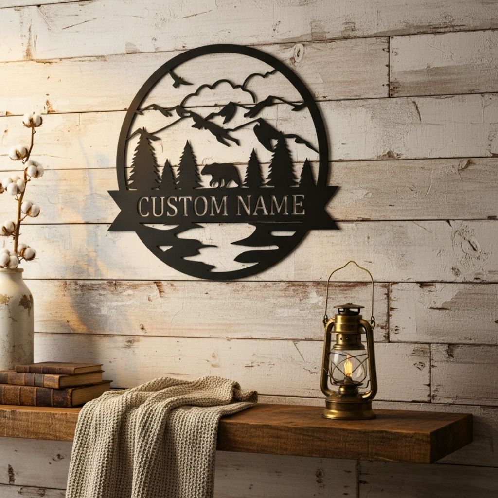 Custom Bear Family Monogram Metal Name Sign Art
